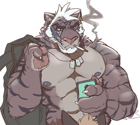 5_fingers abs anthro beard biceps big_muscles blonde_hair casual_sex cigarette claws disinterested_sex duo ear_piercing electronics facial_hair fellatio fingers fur grey_body grey_fur grey_nipples hair male muscular muscular_male nipples obliques oral pecs penile phone piercing pink_nose scar sex simple_background smoking stripes top_of_head triceps white_background white_body white_fur white_hair nightterror raziel_(nightterror) canid canine felid mammal pantherine tiger 2017 absurd_res hi_res