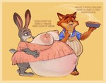 anthro apron areola belly belly_blush big_areola big_belly big_breasts big_butt big_nipples black_eyebrows black_mouth black_nose blue_bottomwear blue_clothing blue_eyes blue_pants blue_shirt blue_topwear blush body_blush border bottomwear breasts brown_eyebrows butt clothing dialogue dress duo eyebrows female food ginormous_belly grey_body grey_ears grey_tail holding_food holding_object huge_belly huge_breasts hyper hyper_belly hyper_breasts hyper_navel hyper_pregnancy male multicolored_body navel nipples open_mouth open_smile orange_body orange_ears outie_navel overweight overweight_anthro overweight_male pants pie_(food) pink_areola pink_clothing pink_dress pink_inner_ear pink_nipples pink_nose pregnant pregnant_anthro pregnant_female purple_eyes red_tongue scut_tail sharp_teeth shirt short_stack short_tail simple_background smile tail talking_to_another tan_body tan_border tan_inner_ear teeth text thick_thighs tongue topwear two_tone_body white_body yellow_background muldithekobold disney zootopia gideon_grey judy_hopps canid canine fox lagomorph leporid mammal rabbit 2025 colored colored_sketch digital_media_(artwork) english_text flat_colors hi_res sketch