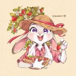 anthro clothed clothing ears_down food fruit fur gloves grey_body grey_fur handwear holding_food holding_object looking_at_viewer open_mouth open_smile pivoted_ears plant purple_eyes simple_background smile solo strawberry tan_background kabe2mugi disney zootopia judy_hopps lagomorph leporid mammal rabbit 1:1 2019