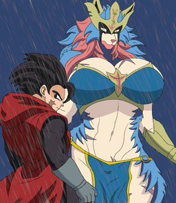 big_breasts bottomwear breasts clothing crotch_lines duo female gloves grey_clothing grey_gloves grey_handwear handwear loincloth male male/female muscular raining red_hood scar soft_abs tuft ventral_groove bad_random dragon_ball nintendo pokemon giblet_(dragon_ball) crowned_sword_zacian generation_8_pokemon legendary_pokemon pokemon_(species) saiyan zacian hi_res