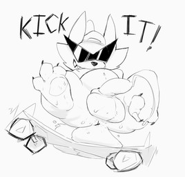 anus backwards_baseball_cap backwards_cap backwards_hat balls baseball_cap belly bodily_fluids clothing eyewear feet fox_ears fox_tail genitals hat headgear headwear male pawpads paws penis sharp_teeth skateboard slightly_chubby sunglasses sweat sweaty_body sweaty_feet teeth vehicle keys_den keysquid undertale undertale_(series) radiation_fox_(undertale) canid canine fox mammal monochrome sketch