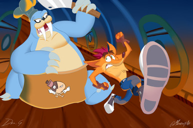 anthro apron being_chased belly big_belly blue_body bottomwear chef_hat claws clenched_teeth clothing duo eye_bags eyebrows footwear fur gloves green_eyes hair handwear hat headgear headwear holding_knife holding_object knife looking_back male open_mouth orange_body orange_fur pants red_hair running scared sharp_teeth shoes tan_body teeth thick_eyebrows tusks drog_1998 activision crash_bandicoot_(series) crash_bandicoot rusty_walrus bandicoot mammal marine marsupial pinniped walrus 2021 absurd_res hi_res