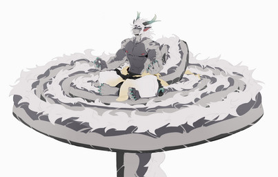 anthro black_body bottomwear clothed clothing eyes_closed grey_body hair long_tail male mouth_closed multicolored_body on_tail pants simple_background sitting solo tail three-quarter_view topless two_tone_body white_background white_hair zong_wumi mythology dragon eastern_dragon mythological_creature mythological_scalie scalie
