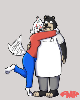 anthro apron arm_around_another barefoot black_body black_fur black_nose blue_body blue_bottomwear blue_clothing blue_fur blue_pants bottomwear clothing cosplay duo excited_expression excited_female eyewear facial_hair feet female fur glasses grey_background grey_bottomwear grey_clothing grey_pants grey_shirt grey_topwear hug male male/female markings mustache open_mouth open_smile pants pink_body pink_fur red_clothing red_eyewear red_glasses red_shirt red_topwear sharp_teeth shirt simple_background smile spots spotted_markings tail tail_motion tailwag teeth teeth_showing tongue_showing topwear white_apron white_body white_clothing white_fur foxmanad bob's_burgers dom_(foxmanad) spotty_(whatindalmatian) bear black_bear canid canine canis domestic_dog mammal ursine hi_res
