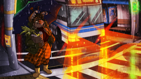 anthro bottomwear bus_stop city city_background cityscape clothing coat crosswalk female groceries raincoat raining reflection skirt solo standing topwear umbrella hotdogvendor earl_grey_(hotdogvendor) bobcat felid feline lynx mammal absurd_res hi_res