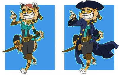 anthro belt breasts brown_hair cleavage clothed clothing collar dagger dreadlocks ear_piercing facial_piercing fangs female gesture grin hair hand_gesture hat headgear headwear kerchief lip_piercing looking_at_viewer melee_weapon piercing pirate pointing smile solo sword teeth weapon yellow_eyes greasedmonkey lucine_(greasedmonkey) felid jaguar mammal pantherine multiple_scenes