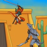 anthro armor balls battle bracers cloak clothing duo fight fighting_pose genitals greaves jumping male male/male melee_weapon nude nude_anthro nude_male pauldron penis pose sword weapon fyreblazes zaw_(fyreblazes) canid canine canis kobold mammal scalie wolf 1:1 hi_res