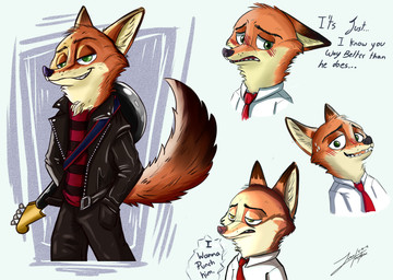 anthro bass_guitar bottomwear clothed clothing cosplay crossover_cosplay green_eyes guitar jacket leather leather_clothing leather_jacket leather_topwear male musical_instrument necktie pants plucked_string_instrument simple_background solo string_instrument text topwear juantriforce aggretsuko disney sanrio zootopia haida_(aggretsuko) nick_wilde canid canine fox mammal red_fox true_fox 2018 crossover digital_media_(artwork) english_text hi_res
