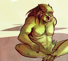 balls bodily_fluids dreadlocks erection genital_fluids genitals green_penis looking_away male mandibles nipples not_furry nude open_mouth penis precum sitting solo spread_legs spreading text vein squarerootofdestiny predator_(franchise) alien humanoid yautja english_text signature