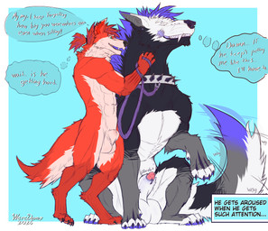 abs animal_genitalia animal_penis anthro anthro_on_feral aroused balls bestiality black_body black_fur blue_body blue_fur bodily_fluids canine_genitalia canine_penis claws closed_sheath_slit collar duo ear_piercing facial_piercing fangs feral fur furgonomic_piercing furgonomics genital_piercing genitals grey_body grey_fur hair leash male nude open_mouth pawpads penis penis_tip petting piercing pink_sheath_slit purple_pawpads red_body red_fur rubbing scratching sheath sheath_piercing sheath_slit simple_background sitting smile spiked_collar spikes standing tail tail_motion tailwag teeth text text_box urethra_tip white_body white_fur dexthegrump mythology dex_(weredemo) wolfyportal canid canine mammal mythological_canine mythological_creature werecanid werecanine werecreature werewolf absurd_res english_text hi_res