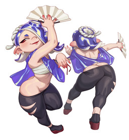 5_fingers black_bottomwear black_clothing black_footwear black_pants black_socks blue_pseudo_hair blue_tentacles bottomwear breasts butt chest_wraps clothing ear_piercing female fingers footwear hair hair_over_eye holding_fan holding_object navel pants paper_fan piercing pseudo_hair red_eyes simple_background small_breasts smile socks solo tentacle_hair tentacles thick_thighs white_background wraps rizdraws nintendo splatoon shiver_(splatoon) aquatic cephalopod humanoid mollusk octarian octoling 2026 absurd_res hi_res