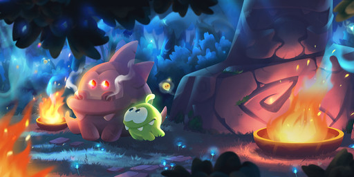1_antenna antennae_(anatomy) dark fire green_body green_skin looking_up male plant sculpture statue stone_statue teeth tree max_titov cut_the_rope om_nom alien monster nommie hi_res long_image official_art wide_image