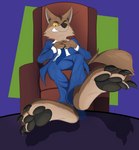 3_toes anthro barefoot black_pawpads brown_body brown_fur chair claws countershade_feet countershading feet foot_focus fur furniture male male_anthro pawpads paws plantigrade smug soles solo toes neoarcadianx dreamworks the_bad_guys mr._wolf_(the_bad_guys) canid canine canis mammal wolf 2021 absurd_res hi_res