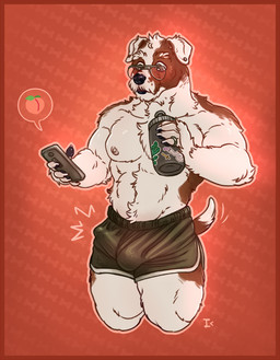 anthro arm_tuft aroused_male aviator_glasses black_nose black_pawpads blush bottle bottomwear brown_markings bulge bulge_through_clothing chest_tuft chin_fluff claws clothing container detailed_bulge dipstick_tail ear_piercing ear_ring ear_stud elbow_tuft electronics embarrassed emoji erection eyewear fluffy_belly glasses green_bottomwear green_clothing green_eyes green_shorts holding_object holding_phone hotpants male markings muscular muscular_anthro muscular_male nipples orange_background pattern_background pawpads penis_through_clothing phone piercing pink_nipples ring ring_piercing sexting shorts simple_background solo surprised tail tail_markings texting tuft water_bottle wearing_glasses white_body white_tail_tip interkos gus_(itmeporps) canid canine canis domestic_dog hunting_dog jack_russell_terrier mammal terrier 2022 hi_res portrait three-quarter_portrait