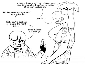 anthro bone dialogue duo eyes_closed horn looking_away male skeleton text komododad deltarune undertale undertale_(series) asriel_dreemurr sans_(undertale) animated_skeleton boss_monster_(undertale) bovid caprine goat humanoid mammal undead 2025 4:3 black_and_white comic english_text hi_res monochrome