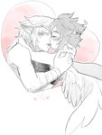 blush clothing crossover_ship duo feathered_wings feathers hair hug humanoid_on_humanoid humanoid_pointy_ears imminent_kiss male male/male not_furry pointy_ears wings soft_sizzle kid_icarus nintendo the_legend_of_zelda link pit_(kid_icarus) angel elf humanoid hylian winged_humanoid crossover hi_res