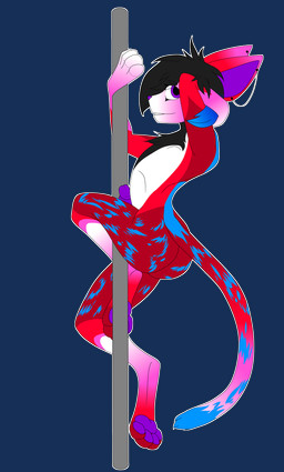 anthro black_hair dancing fur genitals hair male penis penis_against_pole pole pole_dancing purple_eyes purple_penis red_body red_fur solo sparklefur stripper_pole conditional_dnp slates1n domestic_cat felid feline felis mammal absurd_res alpha_channel hi_res
