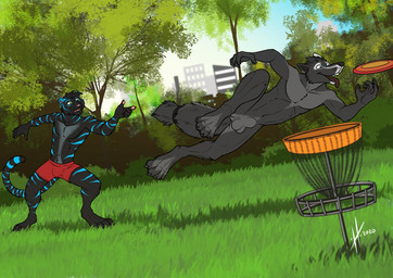 action_pose animal_genitalia anthro athletic athletic_anthro athletic_male balls black_body black_fur black_hair blue_eyes blue_markings blue_stripes bottomwear clothed clothing duo facial_markings frisbee front_view fur genitals grass green_eyes grey_balls grey_body grey_fur grey_sheath hair head_markings jumping male male_anthro markings nude open_mouth plant pose red_bottomwear red_clothing red_tongue sheath short_hair shrub standing striped_arms striped_body striped_face striped_fur striped_legs striped_markings striped_tail stripes tail tail_markings tongue tongue_out topless tree hufnaar canid canine felid mammal pantherine tiger 2020 dated