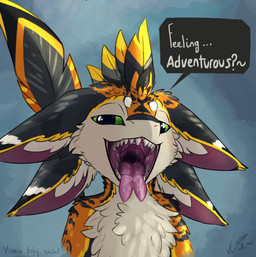 4_ears ambiguous_gender anthro bodily_fluids dialogue feathers half-closed_eyes mouth_shot multi_ear narrowed_eyes open_mouth saliva sharp_teeth simple_background smile solo speech_bubble tail talking_to_viewer teeth text tongue tongue_out vore_invitation thyvixie hyenphea avali hi_res signature