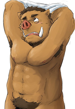 anthro armpit_hair arms_above_head biceps blush body_hair brown_body brown_eyes brown_fur brown_hair brown_pubes brown_skin clothing embarrassed eye_roll eyewear fur glasses hair hands_behind_head looking_up male muscular muscular_anthro muscular_male nipples nude open_mouth pecs pince-nez pubes shirt simple_background slightly_chubby snout solo topwear tusks undressing white_background white_clothing white_shirt white_topwear unknown_artist morenatsu botan_akagane domestic_pig mammal suid suine sus_(pig) wild_boar source_request