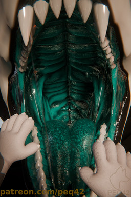 anthro bodily_fluids duo first_person_view imminent_vore male male/male mouth_shot open_mouth oral_vore saliva saliva_string size_difference teeth text throat tongue vore peq42 peq_(peq42) mayu_(azuki) regalfin 3d_(artwork) digital_media_(artwork) hi_res url