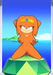 anthro areola bedroom_eyes black_nose blue_eyes breasts circlet detailed_background emerald_(gem) eyelashes female fur gem genitals hands_behind_head kneeling master_emerald narrowed_eyes navel nipples nude orange_body orange_fur pussy sea seductive sky solo water supersegasonicss sega sonic_adventure sonic_the_hedgehog_(series) tikal_the_echidna echidna mammal monotreme hi_res signature