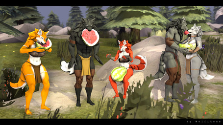 5_fingers 5_toes anthro barefoot black_bars black_nose bottomwear breasts clothed clothed_anthro clothed_female clothed_male clothing eating eating_watermelon feet female fingers food forest fruit fur grey_body grey_fur group humanoid_feet humanoid_hands loincloth male male/female melon multicolored_body multicolored_fur nature orange_body orange_fur outside plant plantigrade red_body red_fur rock sharing_food sitting standing tail toes topless topless_anthro topless_male tree two_tone_body two_tone_fur watermelon white_body white_fur wolfikous petruz_(modeler) canid canine canis mammal wolf 3d_(artwork) digital_media_(artwork) hi_res letterbox source_filmmaker_(artwork)