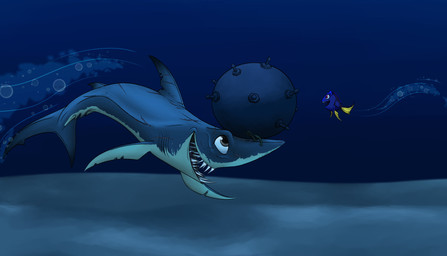 blue_background blue_body blue_tail bomb brown_eyes dorsal_fin duo explosives female feral fin fish_tail male object_on_head purple_eyes shark_tail shark_teeth simple_background tail underwater water white_fin yellow_fin yellow_tail macrolago disney finding_nemo pixar chum_(finding_nemo) acanthurid aquatic fish mackerel_shark mako_shark regal_tang shark white_shark 2023 hi_res