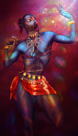 andromorph belly_dancer belly_dancing bellydancer_outfit bioluminescence black_hair blue_body bone bottomwear claws clothing genitals glowing glowing_eyes glowing_markings gold_(metal) gold_jewelry hair intersex jewelry markings multi_eye noseless not_furry not_furry_focus pointy_ears red_bottomwear red_clothing red_skirt skirt solo thick_thighs translucent translucent_clothing veil vulva yellow_eyes amsel alien alien_humanoid humanoid hi_res
