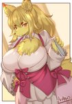 anthro big_breasts breasts chest_tuft dutch_angle female fur hair inner_ear_fluff looking_at_viewer ribbons smile snout solo tuft yellow_body yellow_fur arumo canid mammal 2019 hi_res