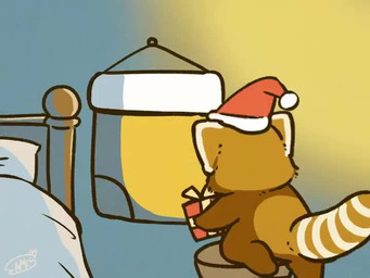 ambiguous_gender bed bedding biped blanket brown_body brown_fur chibi christmas_clothing christmas_headwear clothing dot_eyes feral fur furniture hat headgear headwear holidays pillow plantigrade santa_hat simple_eyes solo text shi_nominmin christmas ailurid mammal red_panda 2020 4:3 animated japanese_text no_sound short_playtime video