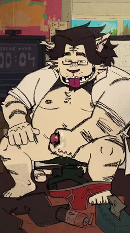 anthro balls barazoku bodily_fluids chair clothed clothing clothing_around_one_leg cum cumshot dialogue ejaculation erection eyewear furniture genital_fluids genitals glasses group humanoid_genitalia humanoid_penis looking_pleasured male male_focus masturbation nipples office_chair offscreen_character partially_clothed penile penile_masturbation penis shirt silhouette sitting solo solo_focus surprised tongue tongue_out topwear underwear underwear_around_one_leg underwear_down unprofessional_behavior devi1s_dozen felid mammal pantherine tiger 2d_animation animated frame_by_frame hi_res no_sound short_playtime webm
