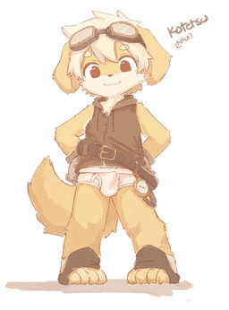 anthro ball_bulge bangs belt biped bottomless bottomless_anthro bottomless_male bulge cheek_tuft chest_tuft circle_eyebrows clock clothed clothing countershade_face countershade_fur countershade_torso countershading detailed_bulge eyebrows eyewear eyewear_on_head facial_tuft floppy_ears fluffy fluffy_tail footwear front_view fur gloves goggles goggles_on_head hair hair_between_eyes hands_on_hips handwear looking_at_viewer male male_anthro pocketwatch simple_background sleeveless_shirt smile solo standing tail tan_body tan_fur text toeless_footwear tuft watch white_hair young young_anthro young_male kirlecore canid canine canis domestic_dog mammal hi_res