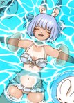 animal_ears blue_clothing blue_hair blue_swimwear blush blush_lines breasts clothing dark_body dark_skin eyelashes eyes_closed female floatie floating fur hair inflatable navel open_mouth partially_submerged short_hair solo suntan swimwear tan_body tan_line tan_skin thick_thighs water white_body white_fur wide_hips captaintamoshi hololive vtuber usada_pekora animal_humanoid humanoid lagomorph lagomorph_humanoid leporid_humanoid mammal mammal_humanoid rabbit_humanoid absurd_res hi_res