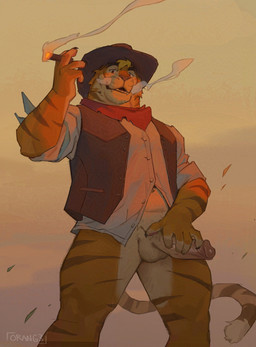anthro balls bottomless bottomless_anthro bottomless_male cigar claws clothed clothing finger_claws fur genitals hat headgear headwear holding_penis humanoid_genitalia humanoid_penis kerchief looking_at_viewer male neckerchief neckwear orange_body orange_fur penis rolled_up_sleeves shirt smoke smoke_from_mouth solo stripes tail teeth topwear vest western whisker_spots 0rang3 felid mammal pantherine tiger 2026 digital_media_(artwork) hi_res portrait signature three-quarter_portrait