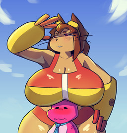 accessory anthro armwear big_breasts black_eyes black_nose blue_necktie blush boob_hat bottomwear breasts brown_body brown_fur cleavage clothed clothing dot_eyes duo female frown fur huge_breasts looking_aside looking_away looking_into_the_distance narrowed_eyes necktie orange_bottomwear orange_clothing orange_topwear purple_body purple_scales scales shielding_eyes simple_eyes squint topwear under_breasts whiskers yellow_armwear yellow_clothing astonarts gameoverse glitch_productions gobbles_(gameoverse) kit_bodega animal_humanoid cat_humanoid dinosaur domestic_cat felid felid_humanoid feline feline_humanoid felis humanoid mammal mammal_humanoid prehistoric_species reptile scalie 2026 hi_res