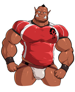 beard bulge clothed clothing facial_hair jockstrap male muscular muscular_humanoid muscular_male not_furry shirt simple_background solo t-shirt topwear underwear white_background maldu humanoid orc absurd_res hi_res portrait three-quarter_portrait