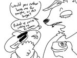 anthro cigarette dialogue duo female fur male simple_background speech_bubble text wool_(fur) the_weaver disney pack_street zootopia betty_(weaver) remmy_cormo bovid canid canine canis caprine mammal sheep wolf 4:3 digital_drawing_(artwork) digital_media_(artwork) english_text monochrome