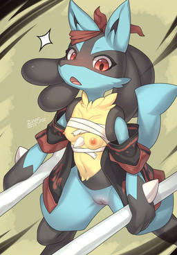 anthro areola bandage black_body blue_body blush bone breasts chest_wraps clothed clothing female female_anthro genitals holding_object innie_vulva kemono looking_at_viewer navel nipples open_mouth red_eyes small_breasts solo standing vulva wraps zinfyu nintendo pokemon canid generation_4_pokemon lucario mammal pokemon_(species) 2022 absurd_res dated digital_media_(artwork) hi_res shaded