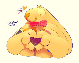 anthro bow_tie breasts female food heart_symbol liquid long_ears looking_down simple_background smile solo white_background yellow_body yellow_ears sofmallow bowtie_(sofmallow) food_creature lagomorph leporid mammal rabbit 2025 absurd_res digital_drawing_(artwork) digital_media_(artwork) hi_res signature