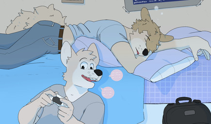 anthro backpack bed bedding belt blanket bottomwear clothing controller denim denim_bottomwear denim_clothing duo furniture game_controller jeans leaning_on_bed male male/male on_bed pants poster sleeping talking_to_another talking_to_partner teeth tooth_gap p_rindustries dexter_(p_rindustries) kevin_(p_rindustries) canid canine mammal hi_res