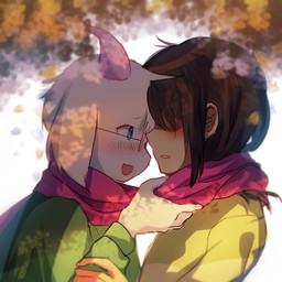 anthro blush clothed clothing duo eyewear fur glasses hair hat headgear headwear horn male male/male open_mouth scarf simple_background smile teeth tongue white_body white_fur janineuy09_(artist) deltarune undertale_(series) kris_dreemurr ralsei bovid caprine darkner goat human mammal 1:1 2018 digital_media_(artwork) hi_res