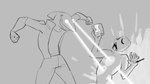 anthro biped clothing drawing_in_a_drawing duo gloves handwear humor laser_eyes male superpowers toothy_grin joeyjazz joey_(joeyjazz) fish marine shark 16:9 hi_res monochrome sketch widescreen