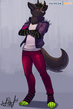 2_horns anthro claws clothed clothing crossed_arms cybernetic_limb cybernetics digitigrade horn jacket machine pose solo text topwear bear213 mythology canid canid_demon canine demon hellhound mammal mythological_canine mythological_creature english_text full-length_portrait hi_res portrait