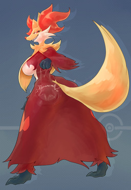 anthro big_breasts big_butt blue_background bodily_fluids breast_curtains breasts butt butt_slap claws female female_anthro fur looking_back open_mouth orange_body orange_eyes orange_fur pupils red_body red_fur sharp_teeth simple_background slap slit_pupils smile solo sound_effects spanking spanking_self standing sweat teeth thick_thighs white_body white_fur yellow_body yellow_fur parabellux nintendo pokemon canid delphox generation_6_pokemon mammal pokemon_(species) 2025 absurd_res full-length_portrait hi_res portrait