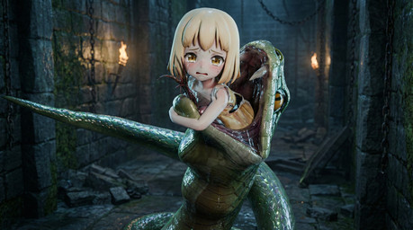 blonde_hair bodily_fluids crying duo female female_prey hair soft_vore summer_dress tears unwilling_prey vore young human mammal reptile scalie snake 3d_(artwork) blender_(artwork) digital_media_(artwork) hi_res