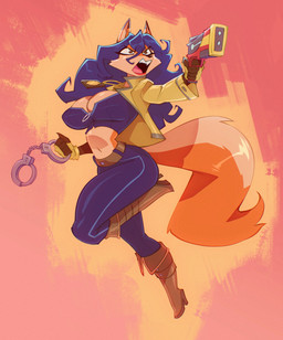 anthro biped blue_clothing blue_hair boots bottomwear breasts clothed clothing cuff_(restraint) female footwear fur gun hair handcuffs high_heeled_boots high_heels holding_gun holding_object holding_ranged_weapon holding_weapon long_hair metal_cuffs navel orange_body pupils ranged_weapon restraints shoes simple_background solo tail topwear weapon bigdad sly_cooper_(series) sony_corporation sony_interactive_entertainment sucker_punch_productions carmelita_fox canid canine fox mammal