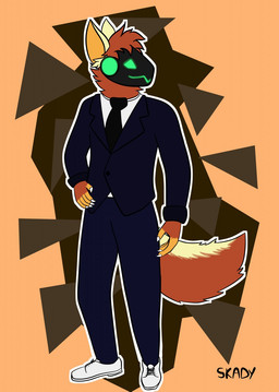 5_fingers anthro clothing fingers fur green_eyes machine male mask orange_body orange_fur screen screen_face simple_background smile solo standing suit unknown_artist ozys_yonter canid canine fox mammal protogen hi_res signature
