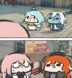 3d_background :d ahoge blue_hair blush blush_lines bodily_fluids bodypaint chibi city day dot_eyes ellipsis eyes_closed eyewear face_paint female glasses group hair head_tail holding_marker holding_object humanoid_pointy_ears living_tail long_hair marker not_furry_focus orange_hair outside pink_hair pointy_ears simple_eyes smile sweat sweatdrop tail unusual_anatomy unusual_tail wearing_glasses superappleman asian_mythology east_asian_mythology japanese_mythology mihoyo mythology zenless_zone_zero magus_(zenless_zone_zero) orphie_magnusson seed_(zenless_zone_zero) soukaku tsukishiro_yanagi chimera demon demon_humanoid human humanoid mammal oni yokai 2koma 3d_(artwork) comic digital_drawing_(artwork) digital_media_(artwork) hi_res mixed_media