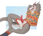 animal_genitalia ankles_tied anthro balls bound clothed clothing erection genitals knot knotted_penis looking_at_viewer male open_mouth partially_clothed penis reclining sheath solo spread_legs spreading nikrebelis sergal hi_res